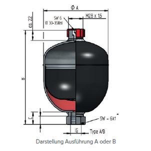 Membraam accumulator 1,4 Liter, max 250 bar, Type C, CE keur volgens PED 2014/68 EU